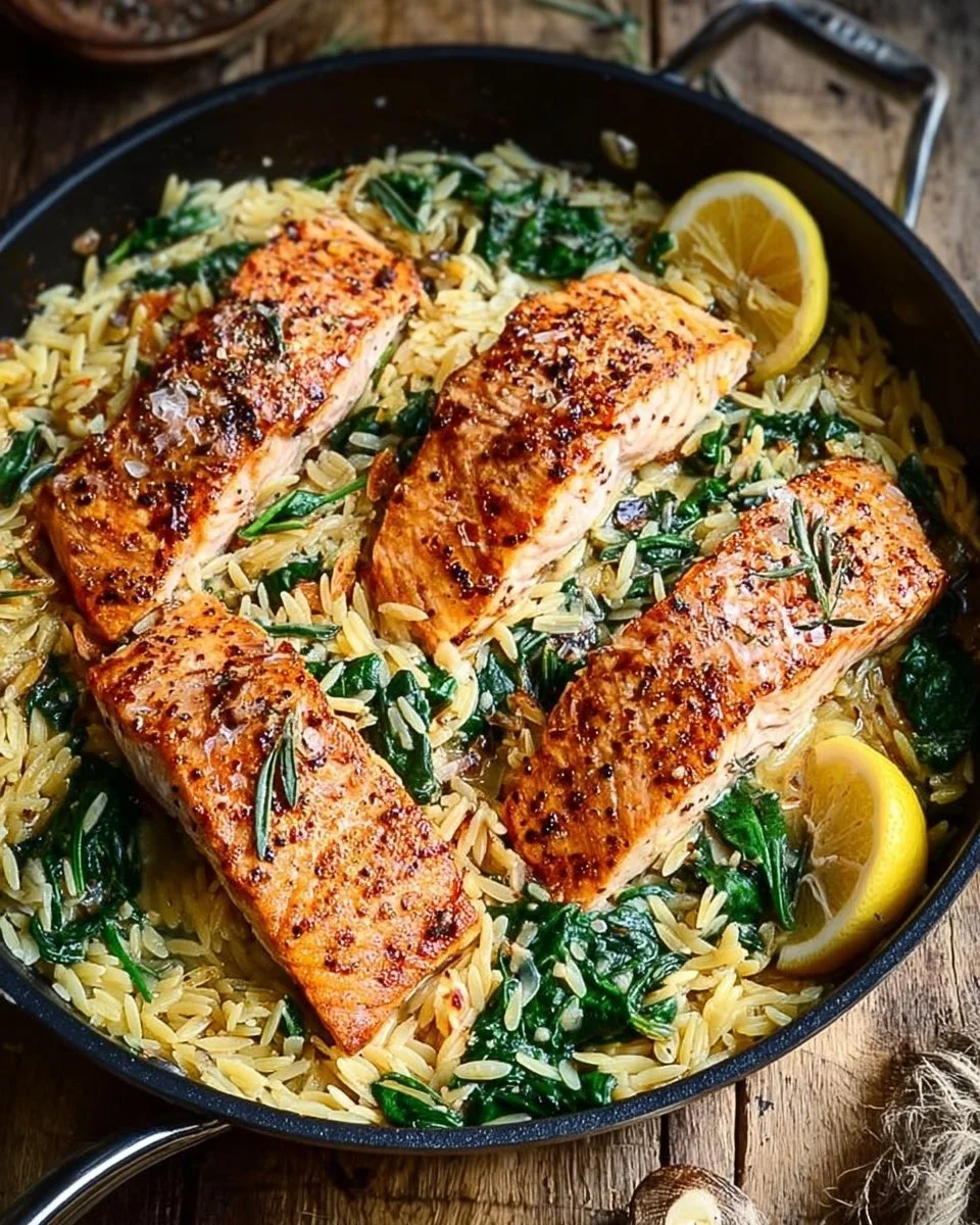 One Skillet Salmon with Lemon Orzo