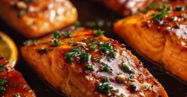 Baked orange glazed salmon fillet with vibrant glaze and garnished herbs