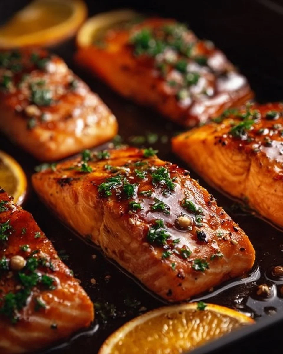 Baked orange glazed salmon fillet with vibrant glaze and garnished herbs