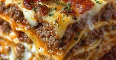 Parmesan Garlic Bacon Cheeseburger Lasagna layered with cheese and bacon.
