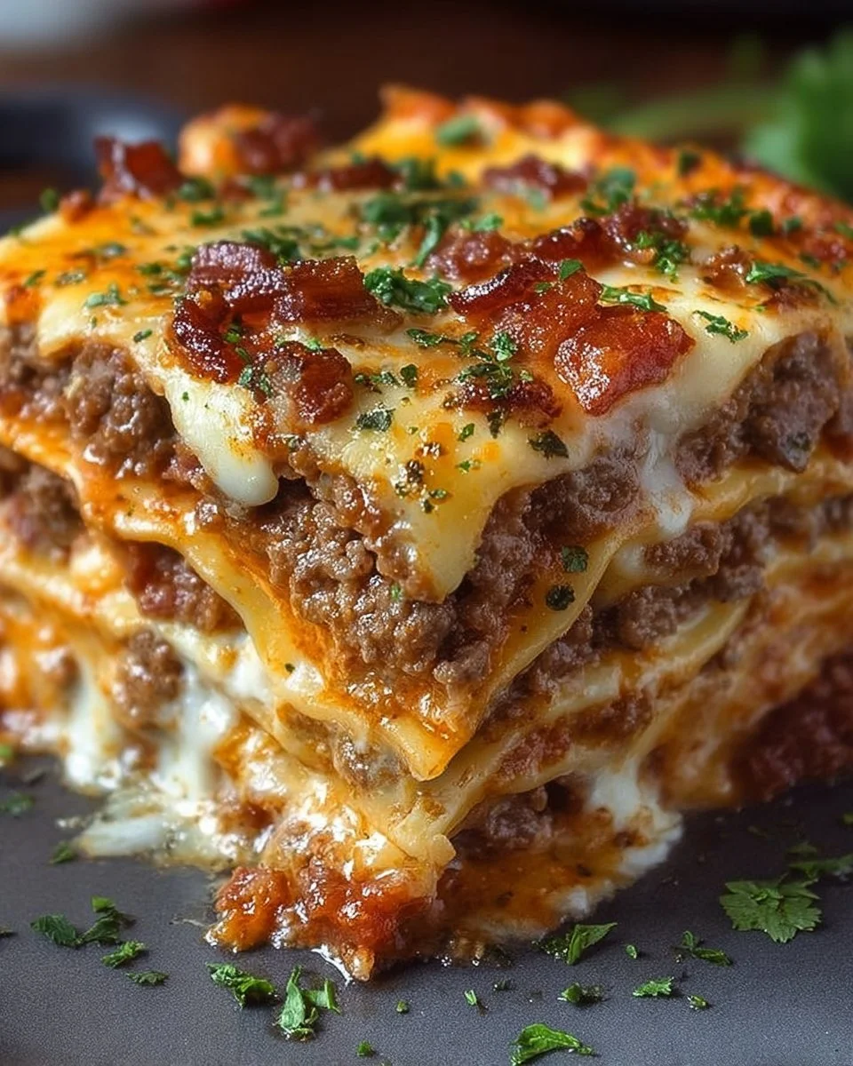 Parmesan Garlic Bacon Cheeseburger Lasagna layered with cheese and bacon.