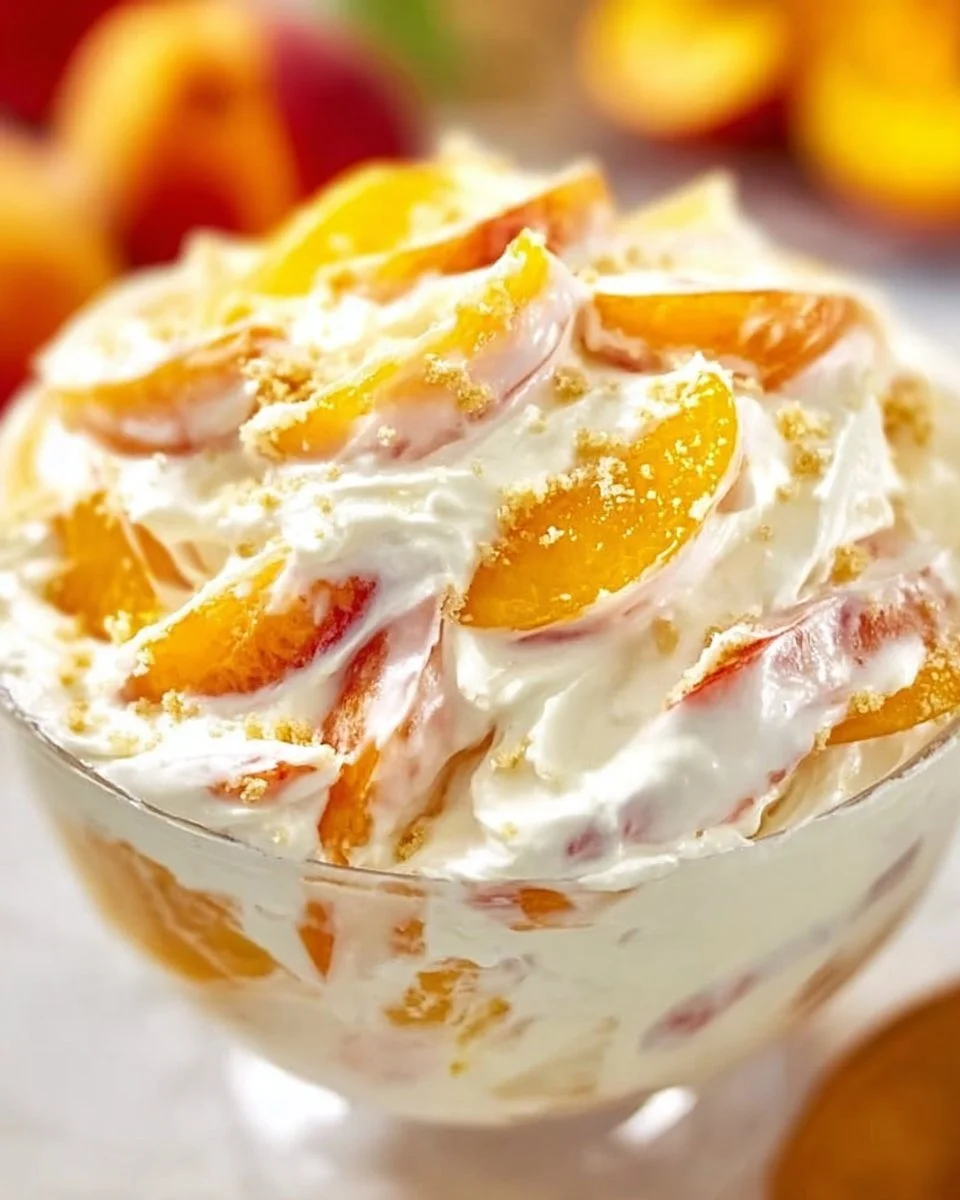 A delicious Peach Cheesecake Salad topped with fresh peaches and creamy cheesecake filling.
