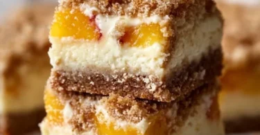 Peach cobbler cheesecake bars baked with fresh peaches and creamy cheesecake layer
