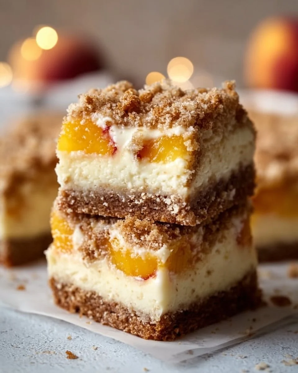 Peach cobbler cheesecake bars baked with fresh peaches and creamy cheesecake layer