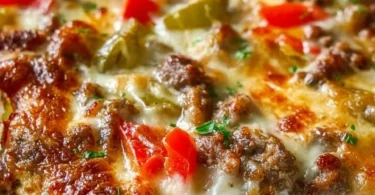 Delicious Philly Cheesesteak Casserole topped with melted cheese and peppers.