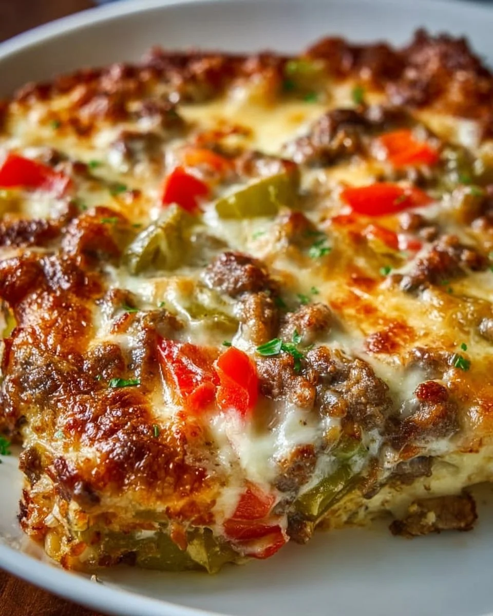 Delicious Philly Cheesesteak Casserole topped with melted cheese and peppers.