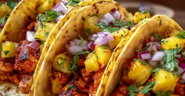 Delicious Pineapple Chicken Tacos served with fresh toppings