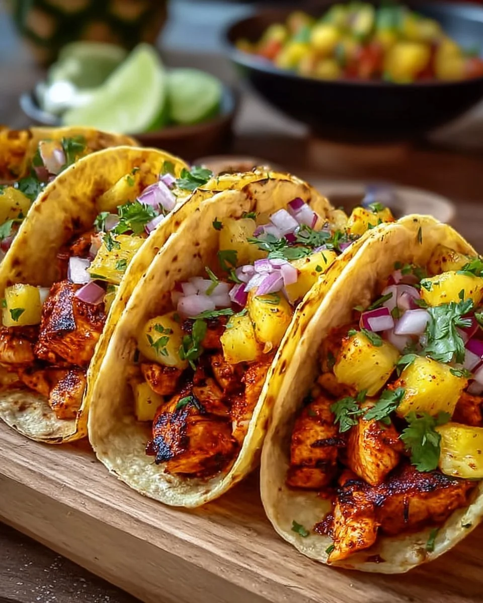 Delicious Pineapple Chicken Tacos served with fresh toppings