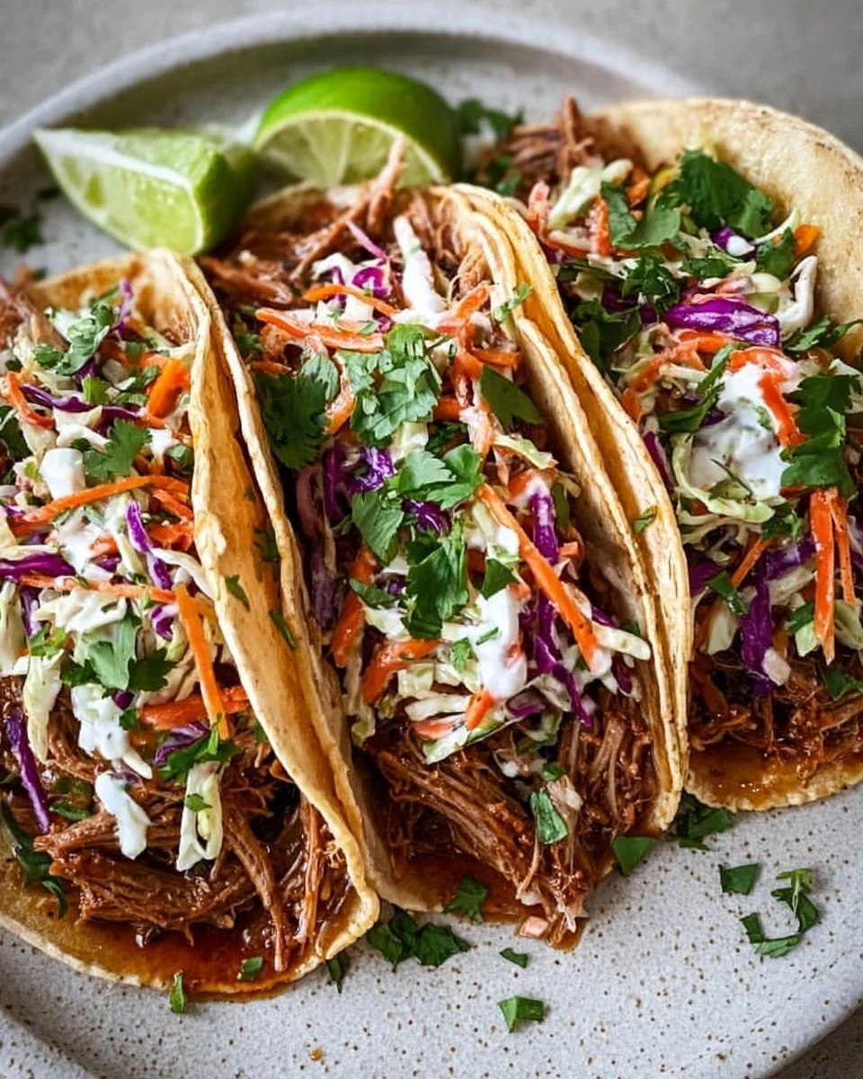 Delicious pulled pork tacos topped with tangy slaw on a rustic wooden table.