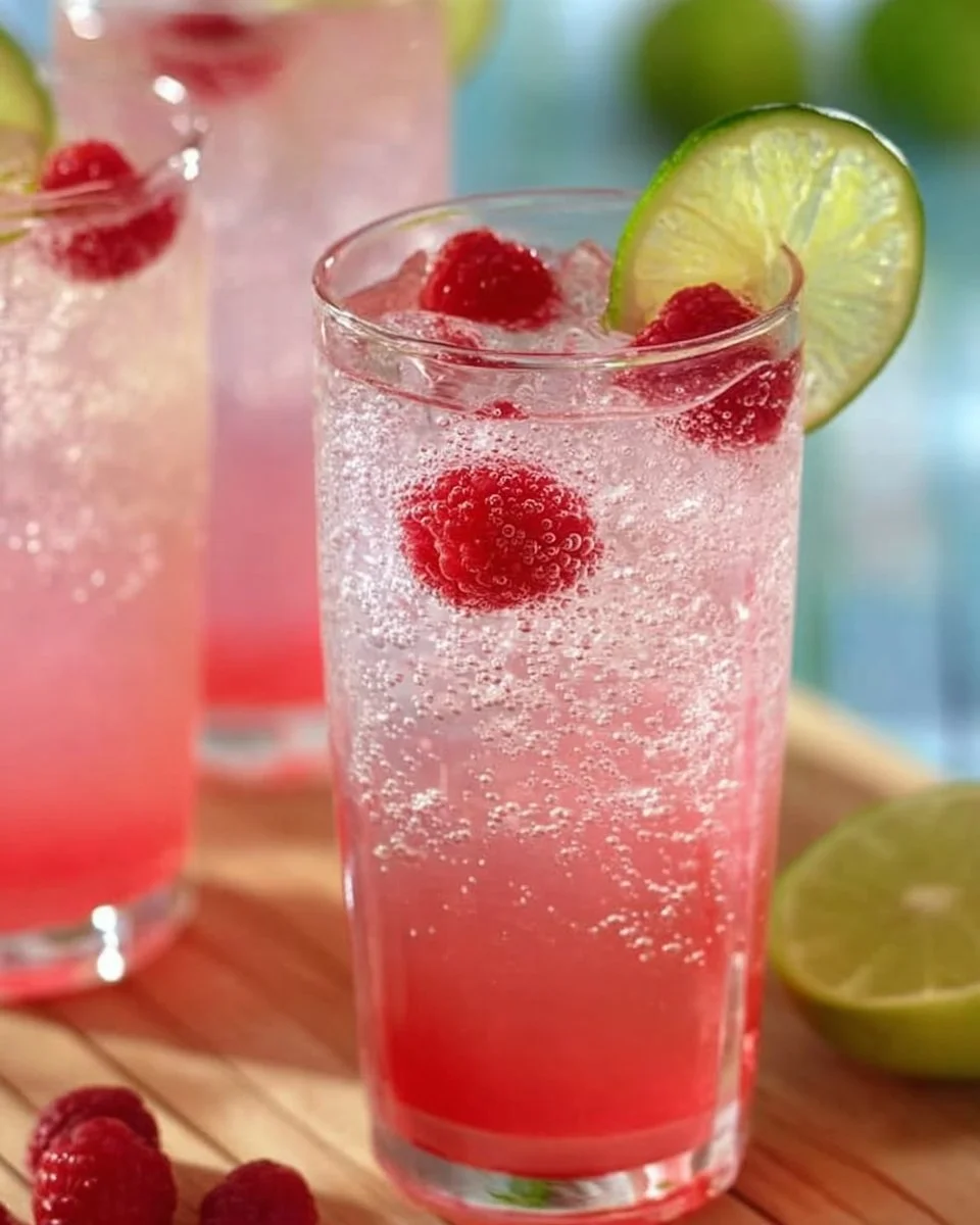 A glass of Raspberry Key Lime Soda filled with ice and garnished with lime slices.