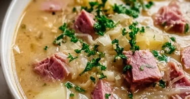 Bowl of creamy Reuben Soup garnished with parsley and rye bread croutons