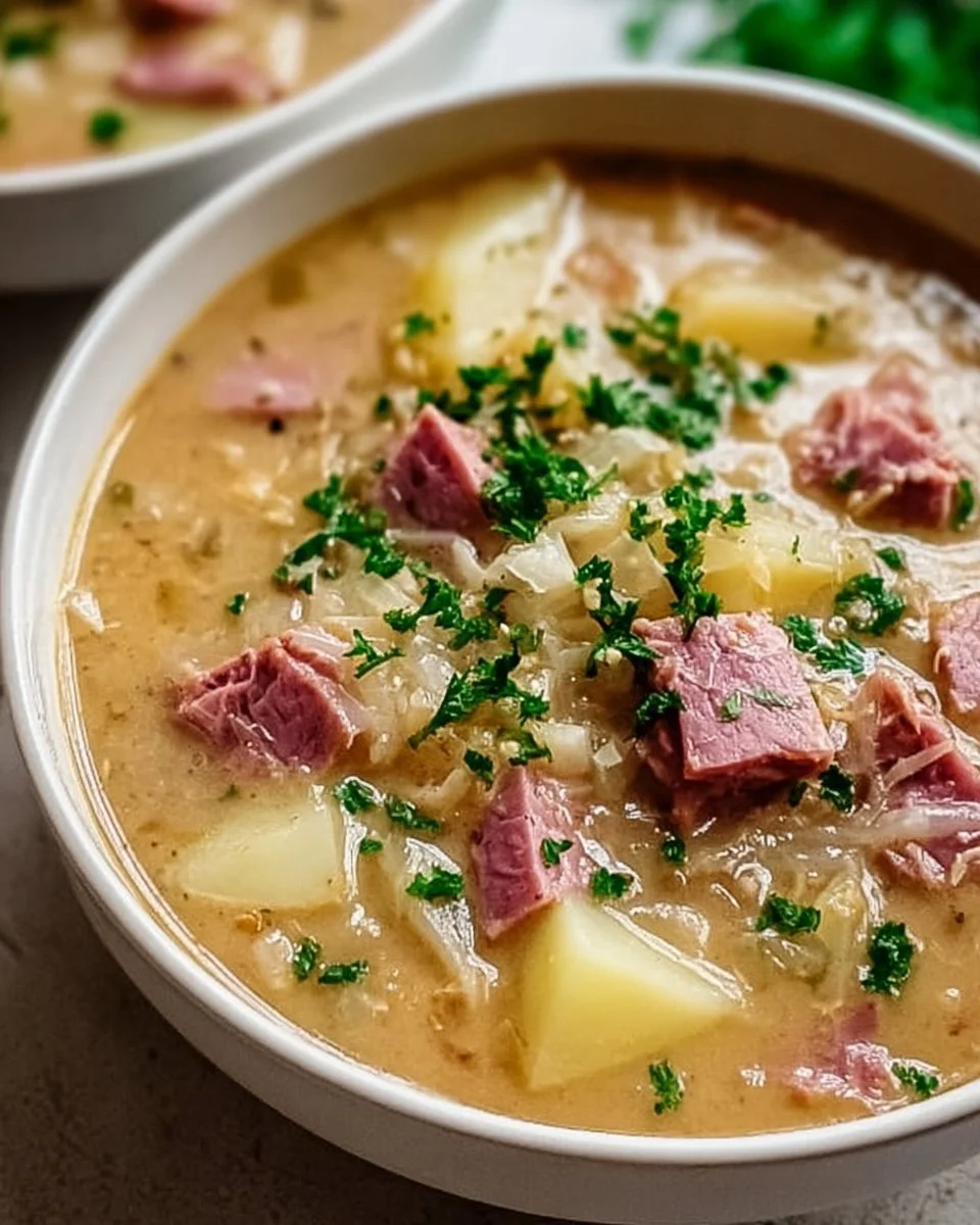 Bowl of creamy Reuben Soup garnished with parsley and rye bread croutons