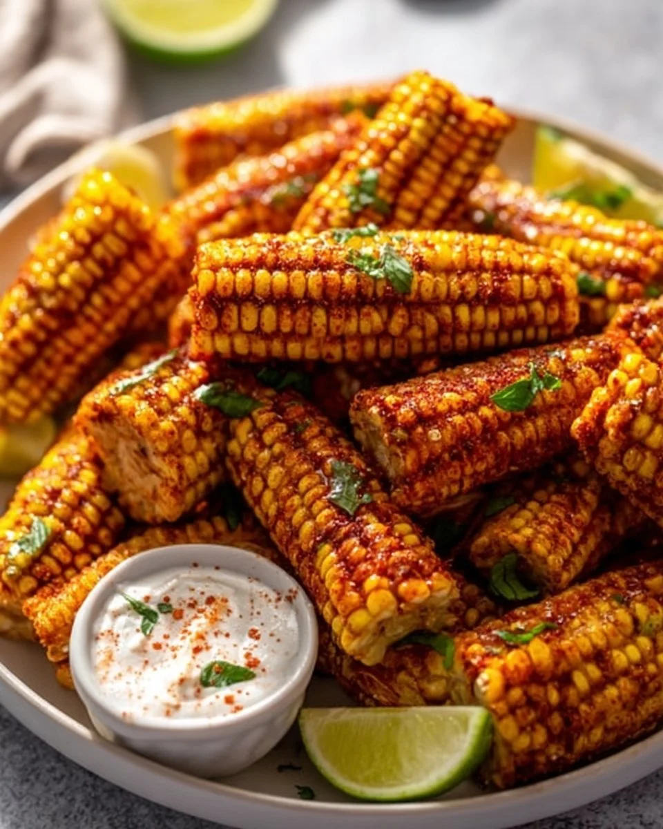 Delicious roasted corn ribs served with seasoning and garnishes.