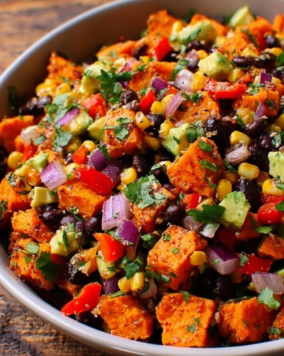 Roasted sweet potato black bean salad with fresh ingredients