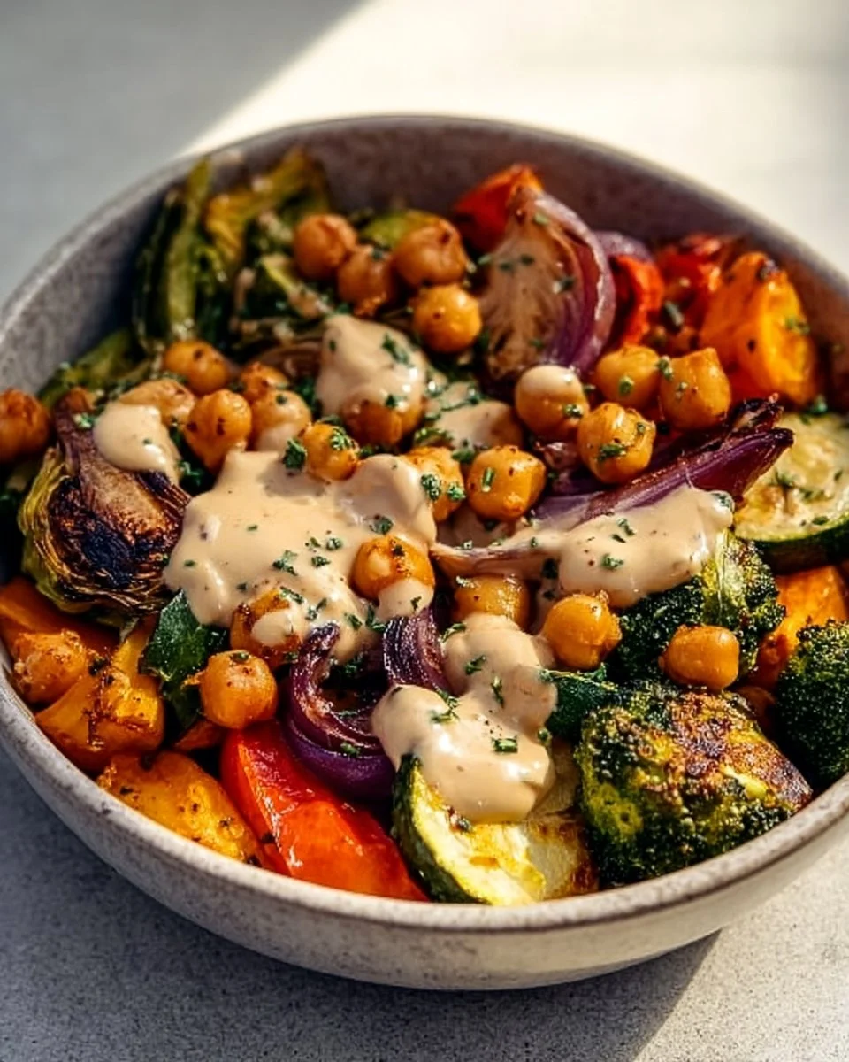 Roasted veggie and chickpea bowls topped with maple dijon tahini dressing
