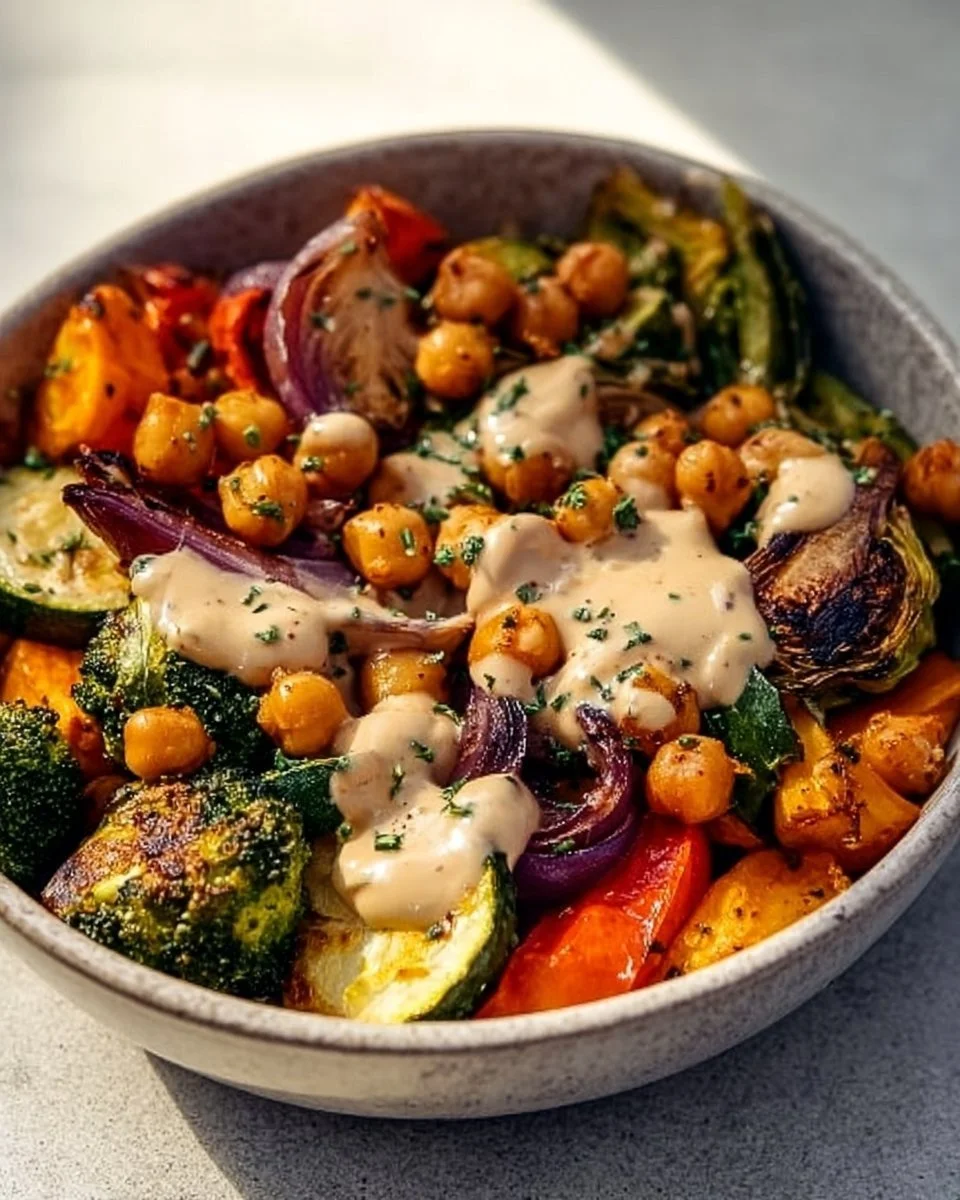 Roasted Veggie & Chickpea Bowls with Maple Dijon Tahini Dressing