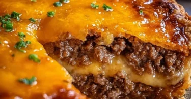 Delicious Savory Cheeseburger Pie served in a rustic dish.