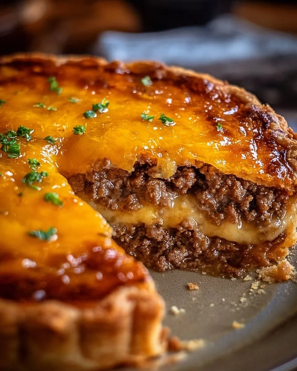Delicious Savory Cheeseburger Pie served in a rustic dish.