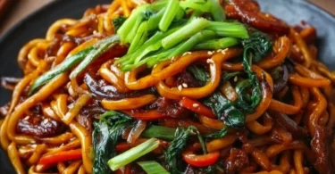 Plate of Shanghai Fried Noodles with vegetables and meat, garnished for flavor