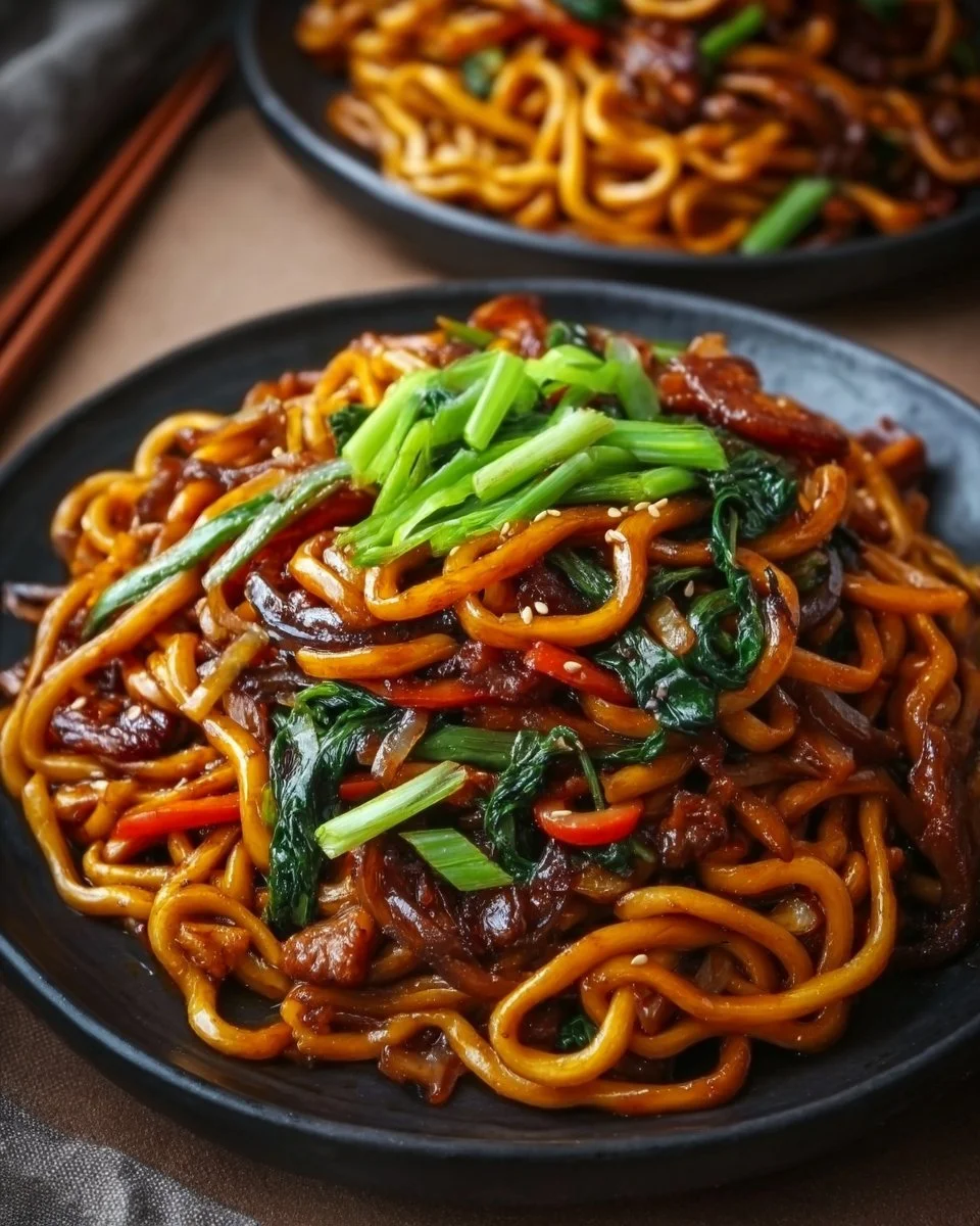 Plate of Shanghai Fried Noodles with vegetables and meat, garnished for flavor