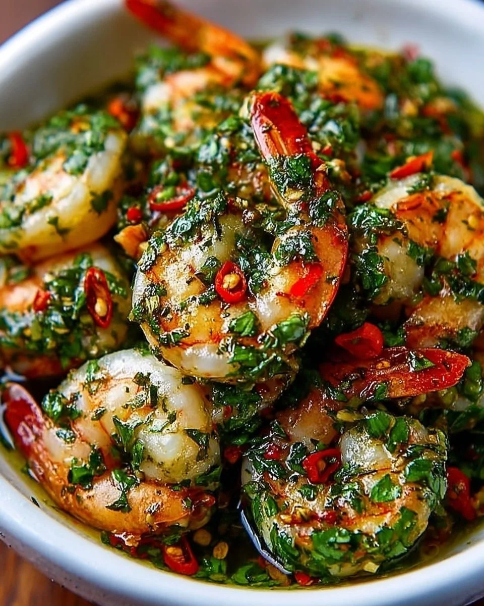 Delicious Shrimp Chimichurri served with fresh herbs and garlic sauce