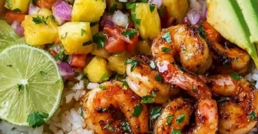 Shrimp rice bowl with colorful pineapple salsa in a bowl
