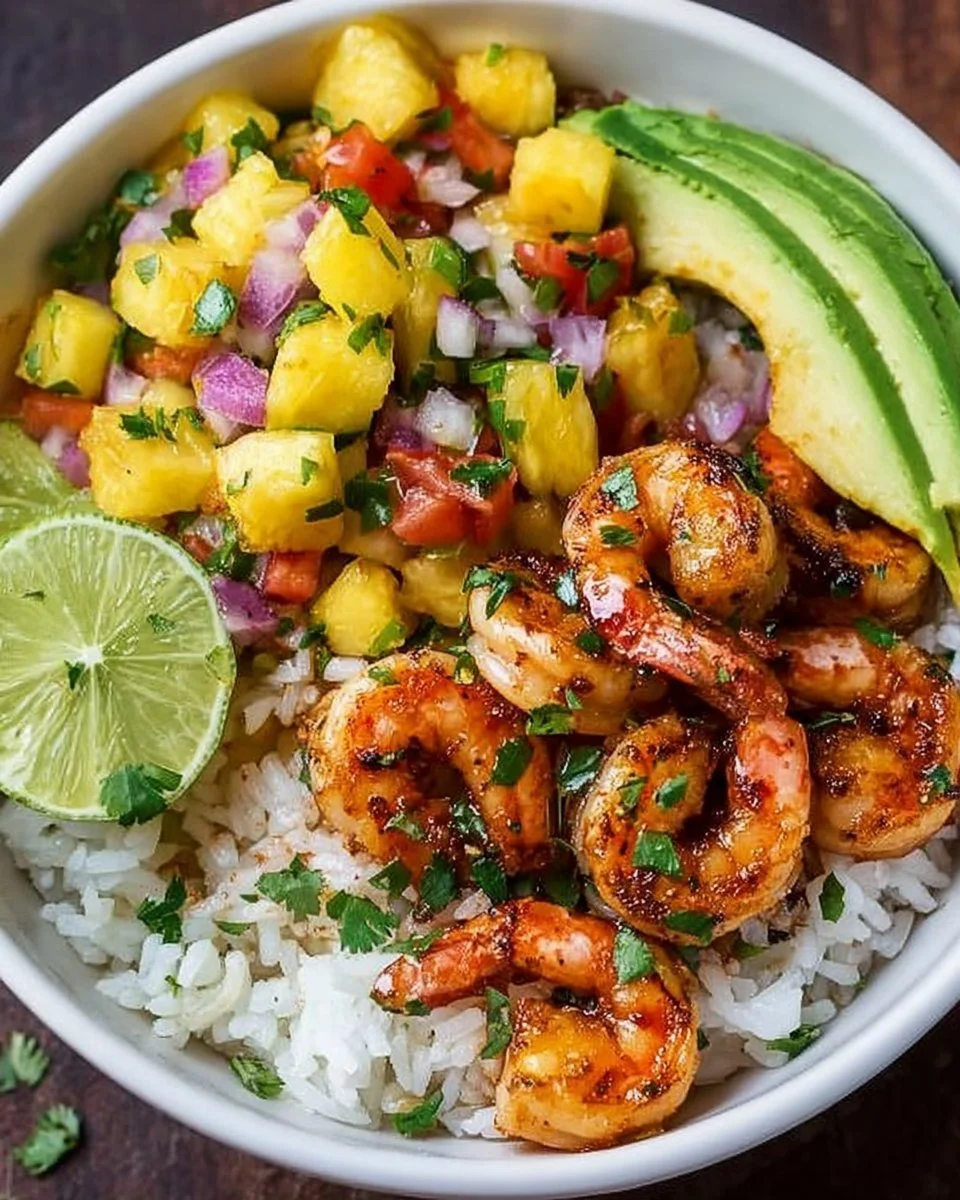 Shrimp rice bowl with colorful pineapple salsa in a bowl