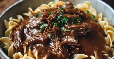 Delicious slow cooker beef and noodles dish served in a bowl