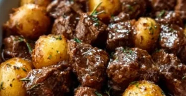 Slow cooker garlic butter beef bites with potatoes served in a bowl
