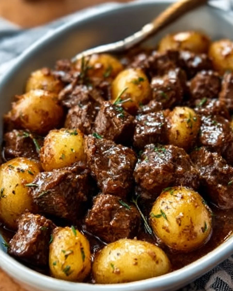 Slow cooker garlic butter beef bites with potatoes served in a bowl