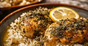 Slow Cooker Lemon Herb Chicken served with rice garnished with herbs.