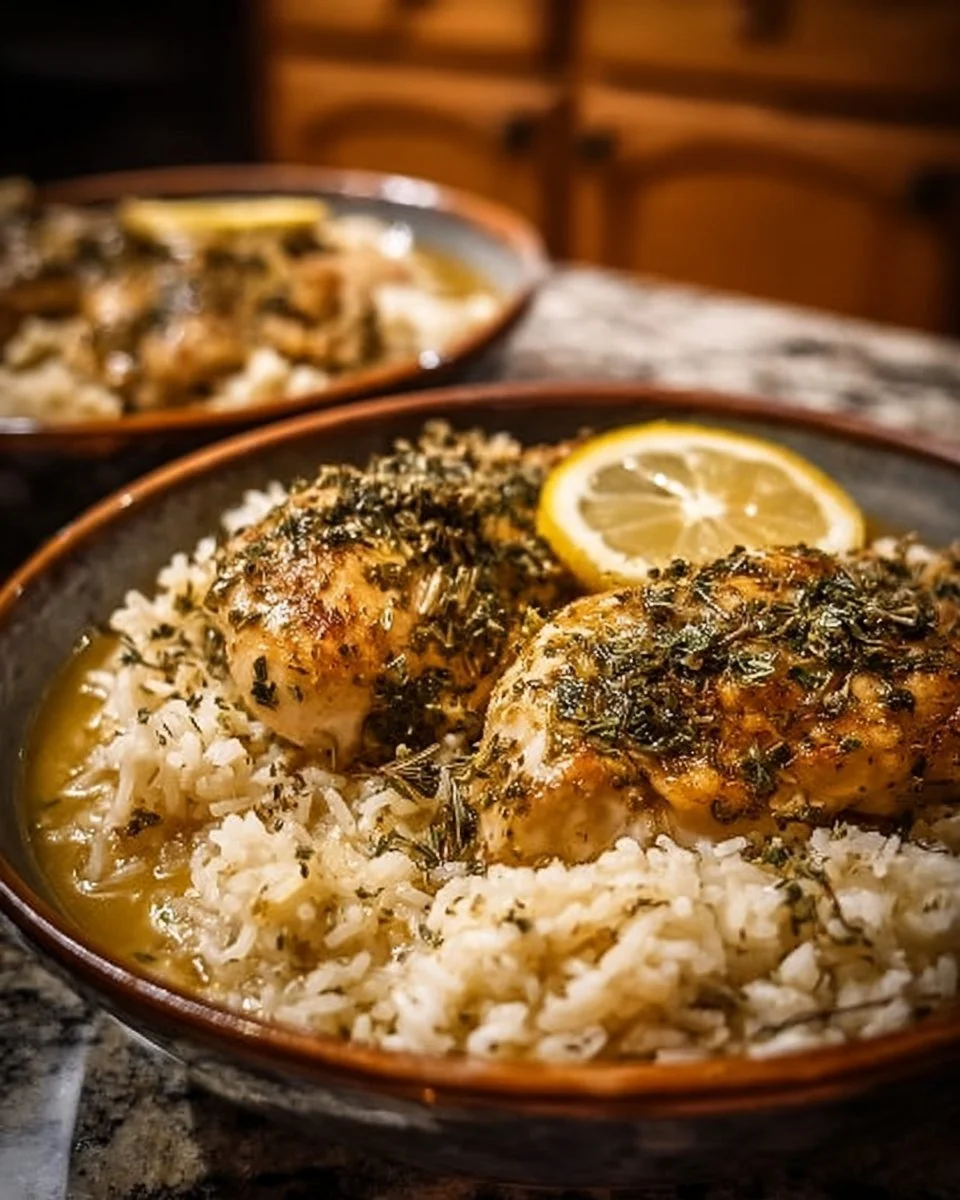 Slow Cooker Lemon Herb Chicken served with rice garnished with herbs.