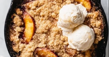 Delicious smoked bourbon peach cobbler served in a rustic dish.