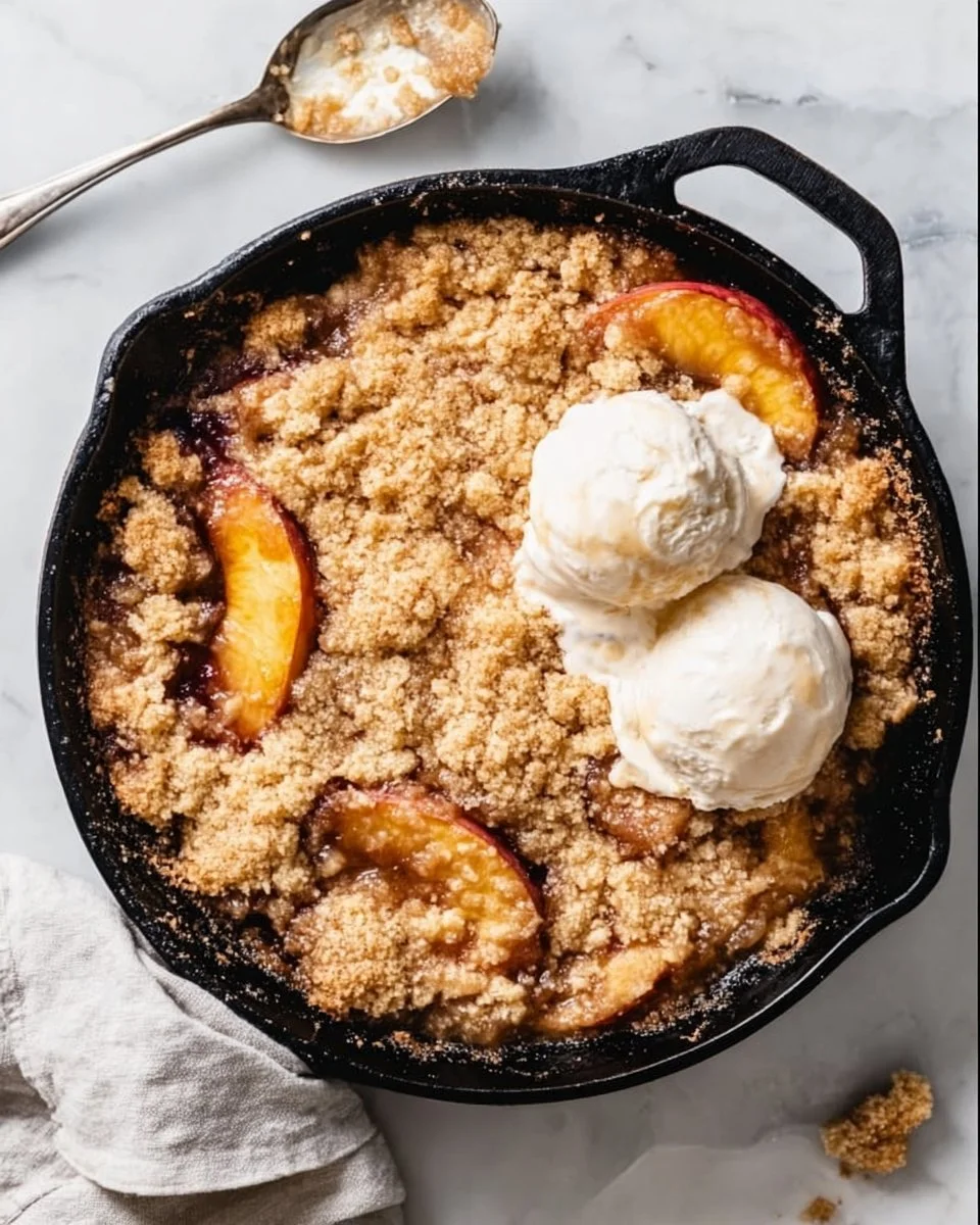 Delicious smoked bourbon peach cobbler served in a rustic dish.