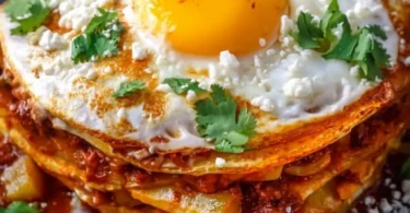 Delicious stacked potato and chorizo enchiladas served on a plate