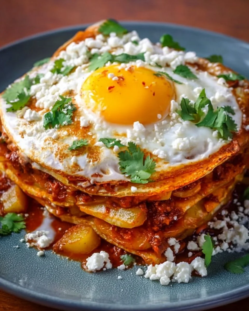 Delicious stacked potato and chorizo enchiladas served on a plate