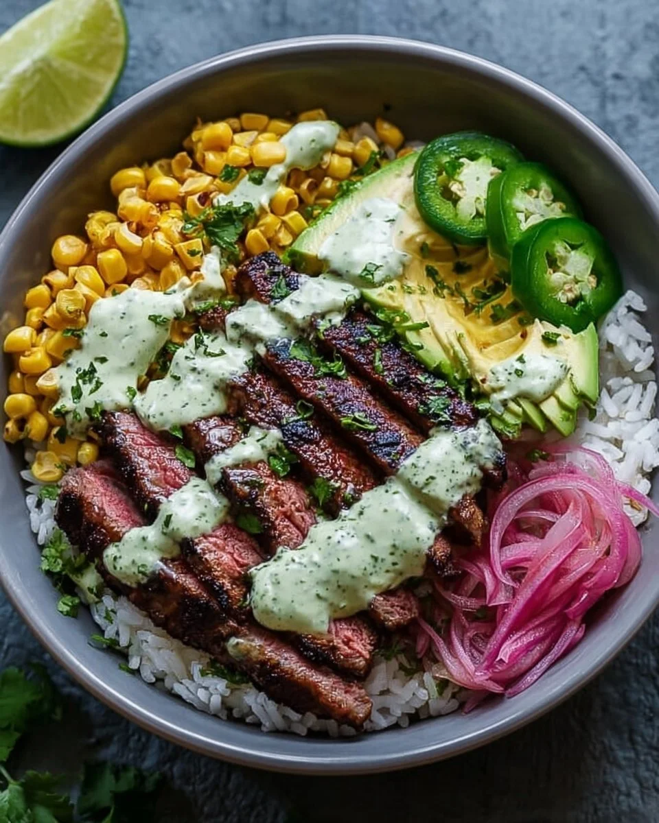 Steak bowl with avocado, roasted corn, and cilantro cream sauce on a plate