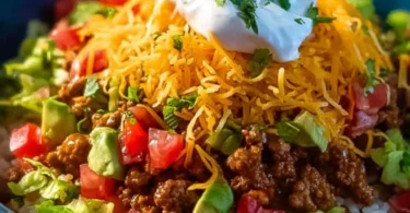 Taco Rice Bowls topped with fresh ingredients and served in a vibrant bowl