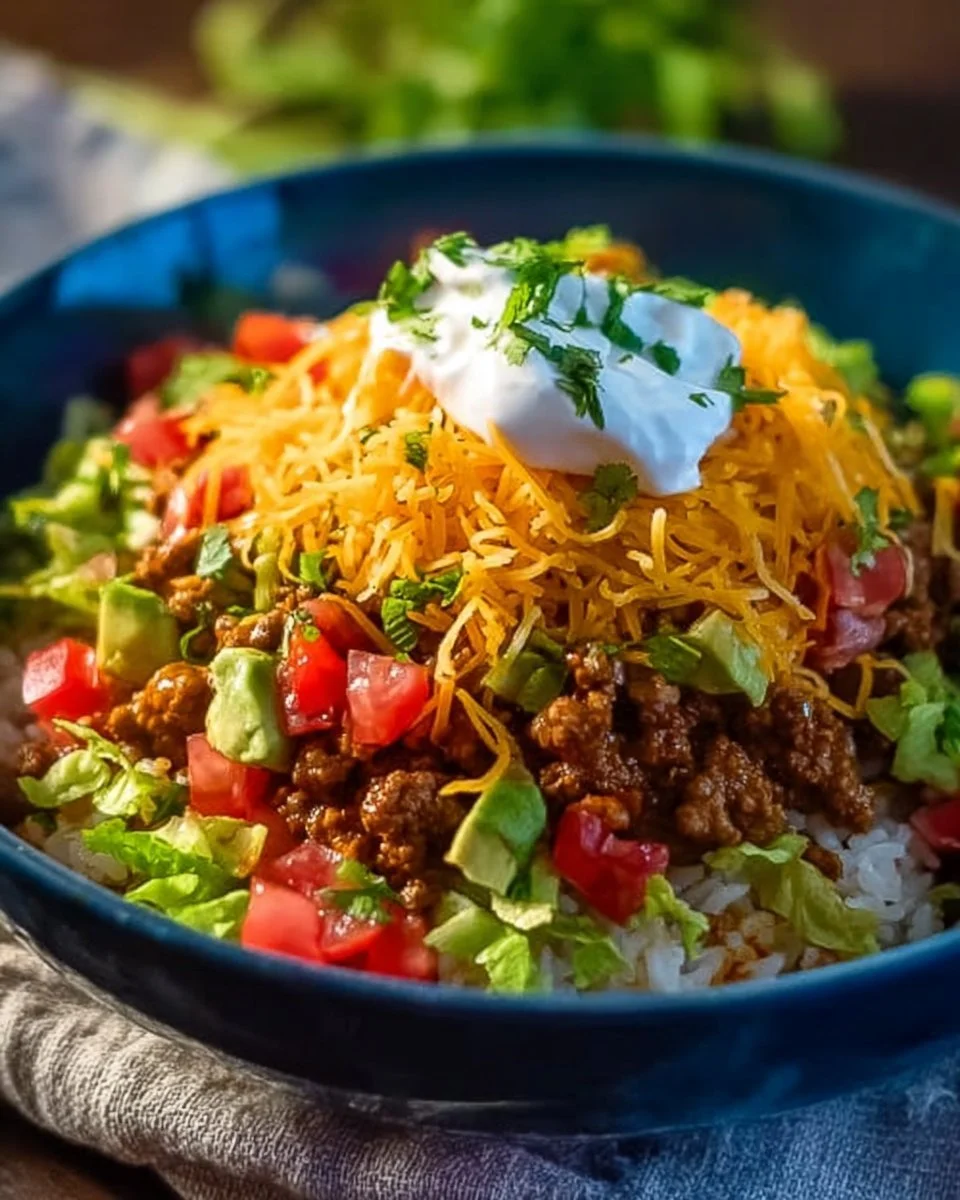 Taco Rice Bowls topped with fresh ingredients and served in a vibrant bowl