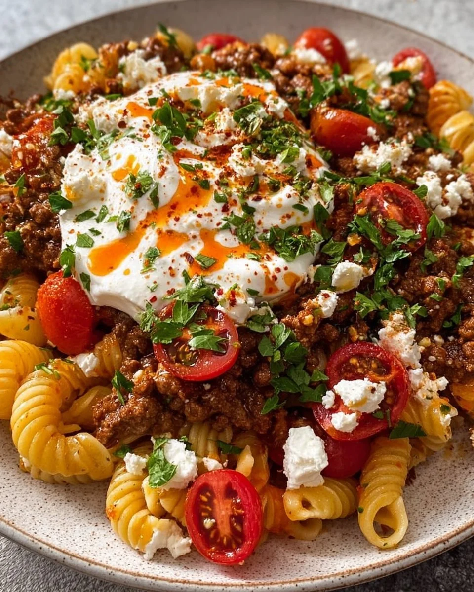 Plate of traditional Turkish pasta with rich sauces and spices